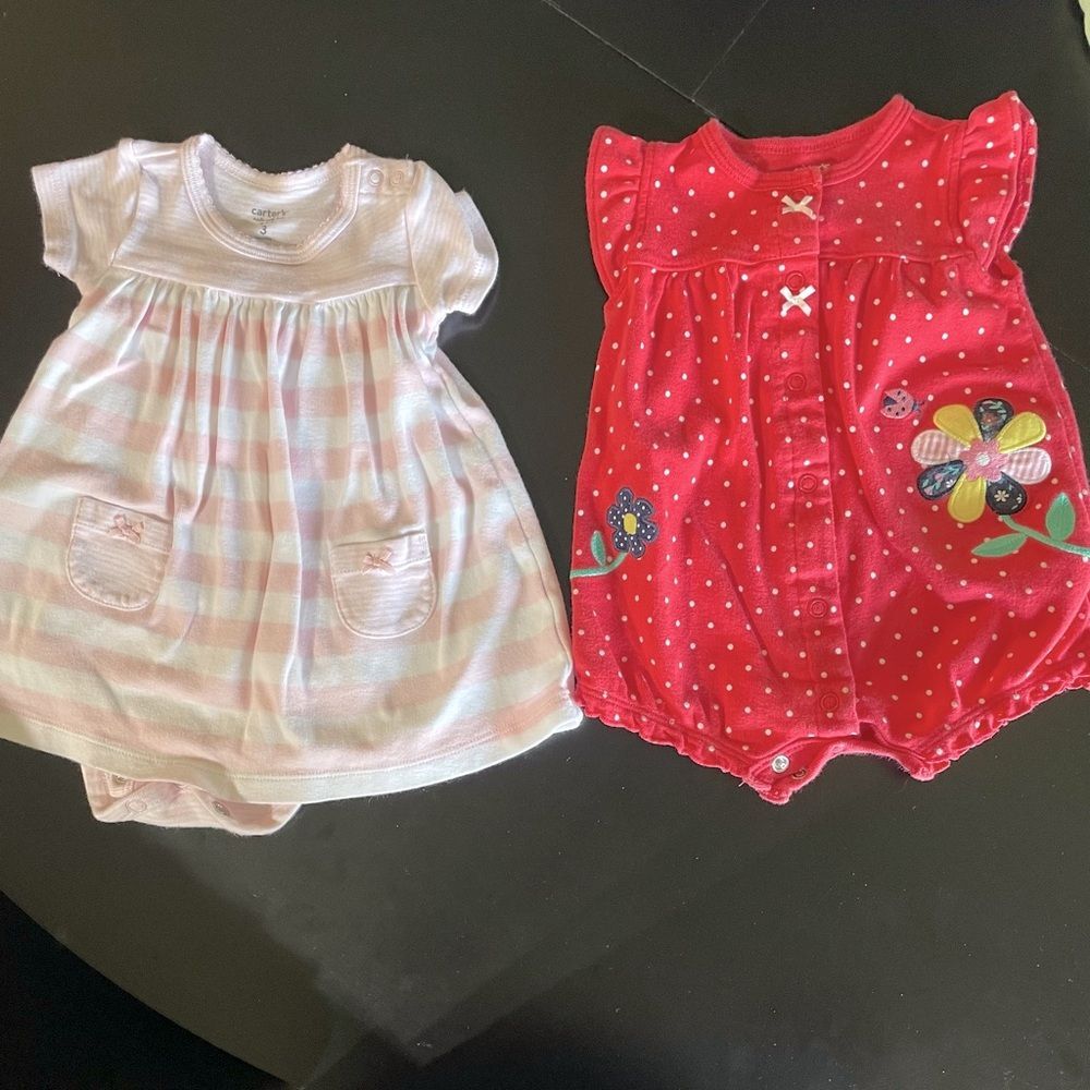 2 pieces Carters infant baby outfit bodysuit dress pink stripes dots sz 3 mos